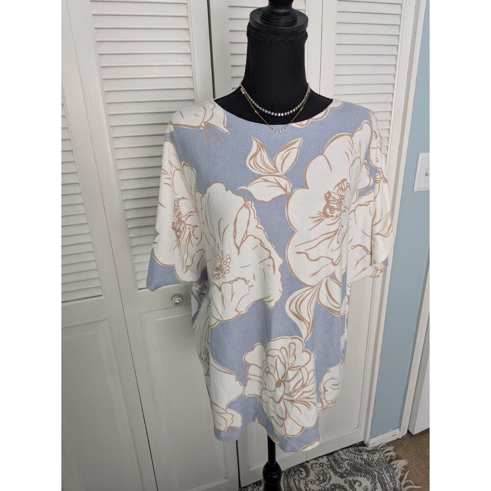 Sioni Sweater Womens 1X Blue Dolman Sleeve Abstract Floral Elegant Feminine Cozy